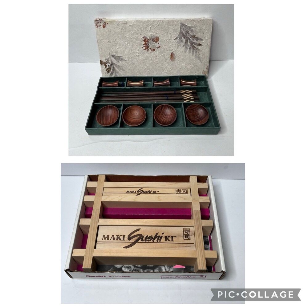 Vintage 1984 Maki Sushi Maker Kit  with Teal Wood Serving Set Chopsticks